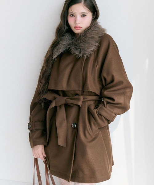 OLIVE des ステンカラーコート コート ファーティペットミドル丈