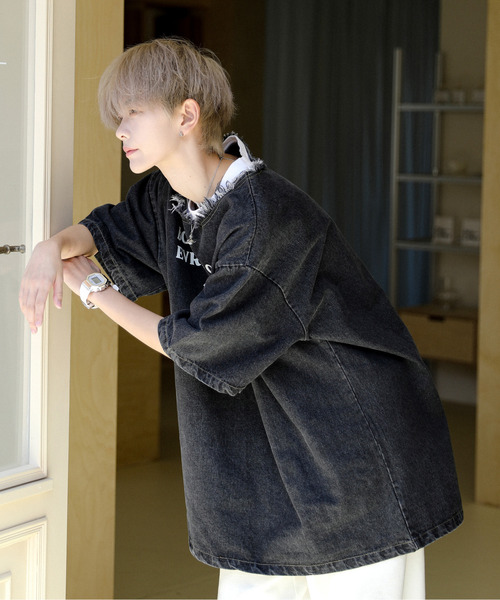 「neos」 半袖シャツ LARGE サックスブルー メンズ_画像9