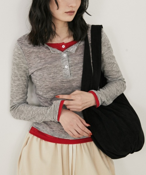 MERLOT（メルロー） tシャツ フェイクレイヤードシアーヘンリーネック