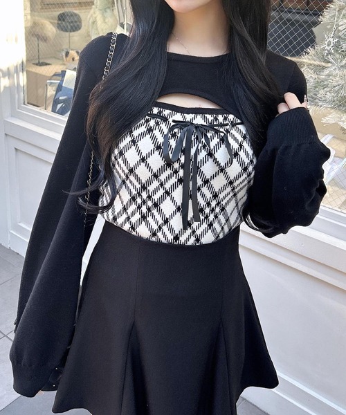 デコルテオープンチェックニットトップス デコルテオープンチェックニットトップス グレー | ファッション通販