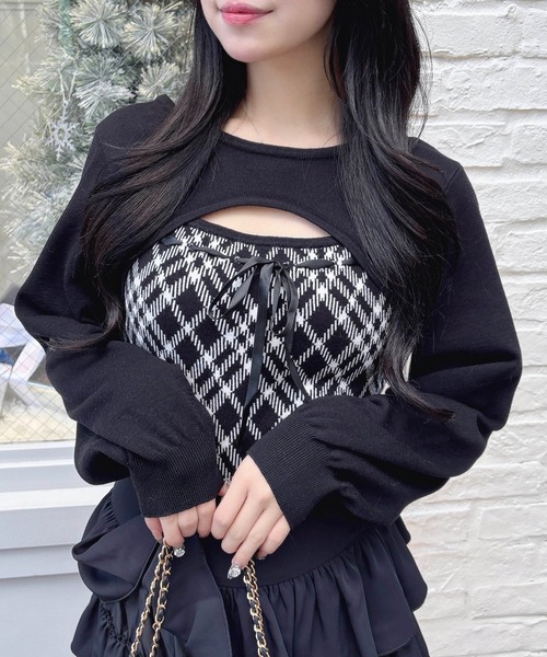 INGNI（イング） ニット セーター チェック柄デコルテオープンニット