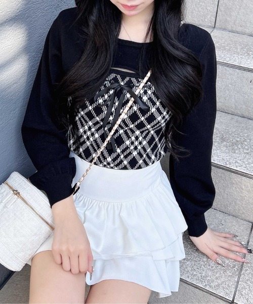 INGNI（イング） ニット セーター チェック柄デコルテオープンニット