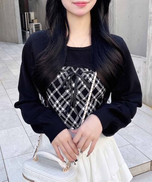 デコルテオープンチェックニットトップス デコルテオープンチェックニットトップス グレー | ファッション通販