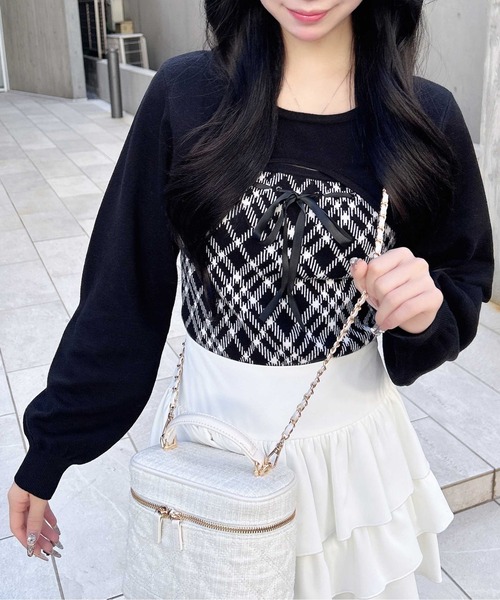 INGNI（イング） ニット セーター チェック柄デコルテオープンニット