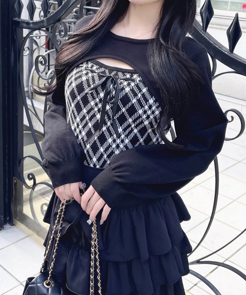 INGNI（イング） ニット セーター チェック柄デコルテオープンニット