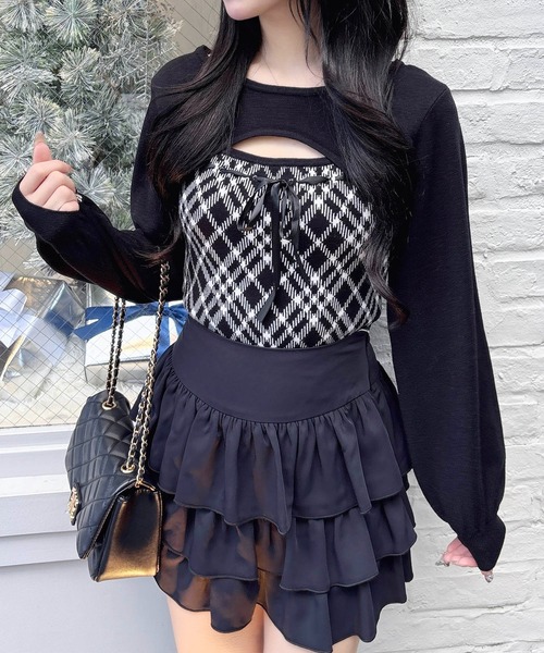 INGNI（イング） ニット セーター チェック柄デコルテオープンニット