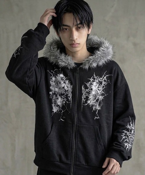 MONOCHROME パーカー クラッキングデザインファーフードパーカー