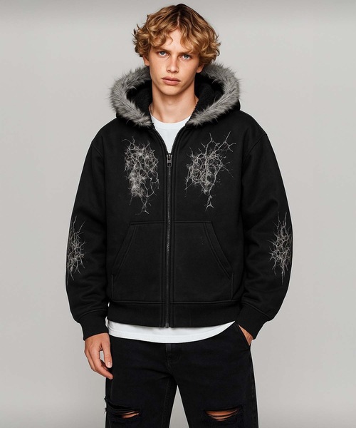 MONOCHROME パーカー クラッキングデザインファーフードパーカー