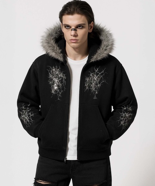 MONOCHROME パーカー クラッキングデザインファーフードパーカー