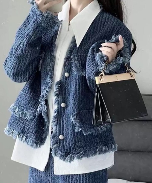 BEAUTY&YOUTH ツイード フリンジ ジャケット　ネイビー M CADBURY（キャドバリー） ジャケット ノーカラージャケット ツイード