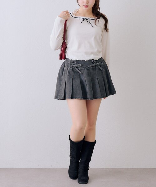 LE JEAN DE ミニスカート 黒 グレー レースアップ continuer de NICE CLAUP デニムスカート 「SETUP」レースUPミニ