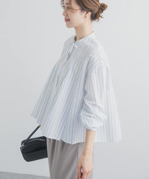 cloth&cross ハグオーワー　ストライプフリル　リボンブラウス シャツ COFREX】 フリルリボン ブラウス 長袖 レディースデザインシャツ(M