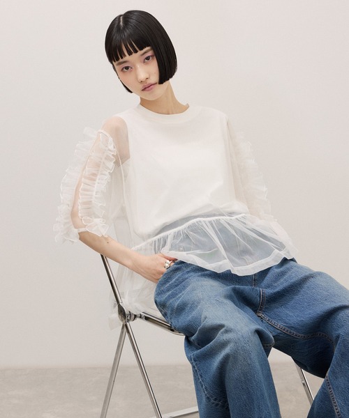 tシャツ 「サステナブル」フリルギャザーチュールトップス レディースの画像