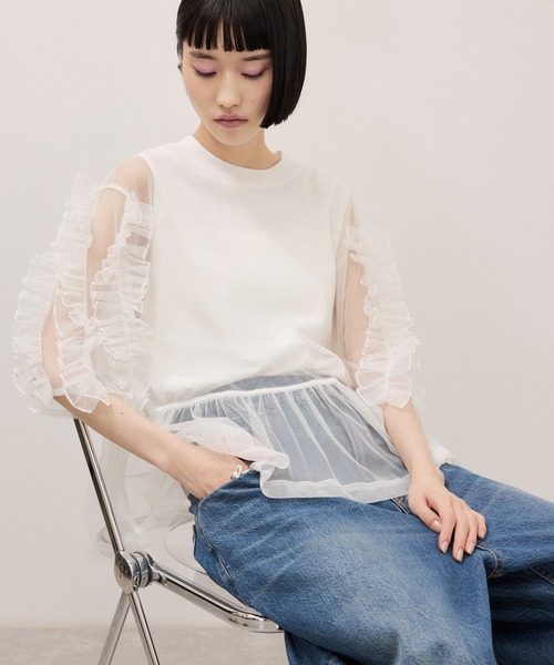 tシャツ 「サステナブル」フリルギャザーチュールトップス レディースの画像