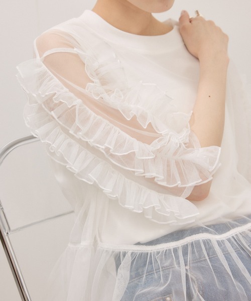 tシャツ 「サステナブル」フリルギャザーチュールトップス レディースの画像