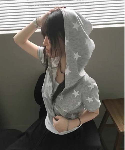 ViViDAY パーカー 星柄ジップアップ半袖パーカー レディース