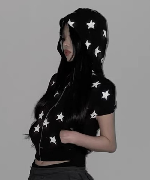 ViViDAY パーカー 星柄ジップアップ半袖パーカー レディース