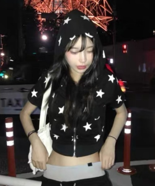 ViViDAY パーカー 星柄ジップアップ半袖パーカー レディース