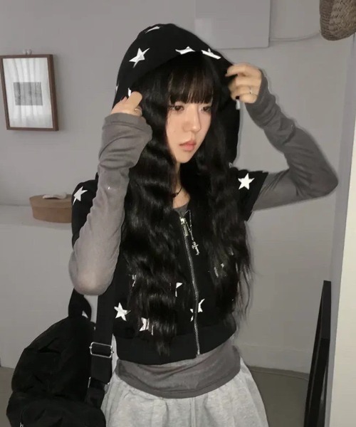 ViViDAY パーカー 星柄ジップアップ半袖パーカー レディース