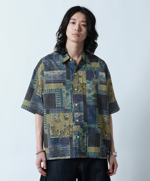 M.S.M.L 総柄プリントシャツ 半袖 Lサイズ RAGEBLUE（レイジブルー） シャツ 半袖 Sheer Pattern Print Shirt
