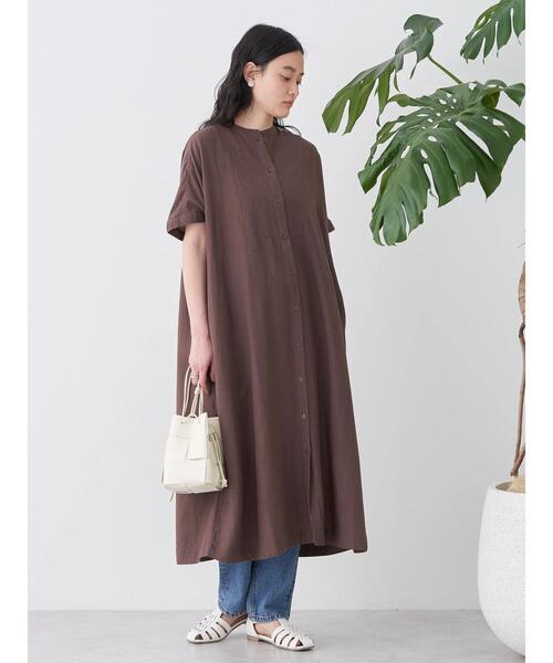 【美品】エストネーション ベルト付き リネンワンピース バンドカラー ベルト付リネンライクバンドカラーフレアワンピース | ur's
