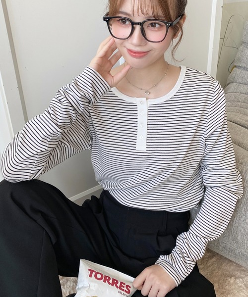 tシャツ 「累計販売枚数1万枚突破！」前後2WAY袖くしゅくしゅヘンリーネックボーダーロンT レディース | moment+ | 17