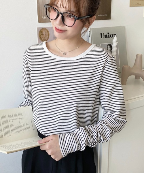 tシャツ 「累計販売枚数1万枚突破！」前後2WAY袖くしゅくしゅヘンリーネックボーダーロンT レディース | moment+ | 18