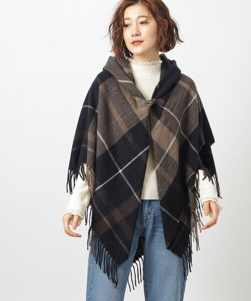 【新発売】 grove トグルボタン衿ギャザーチェックポンチョ ポンチョ ジャケット・アウター