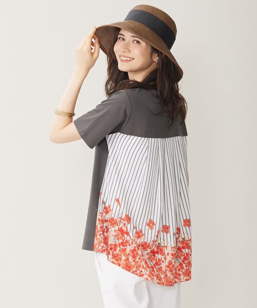 tシャツ 「洗える」オルタンシアフルールプリントコンビ カットソー レディース