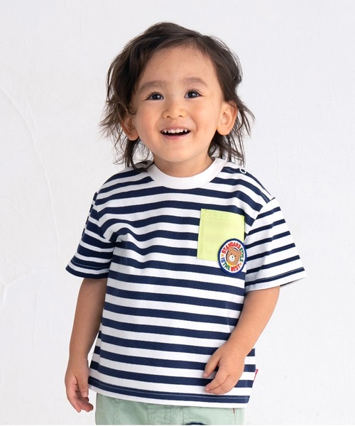 １着３５０円全４２着【新品まとめ売り】キッズ 選べる3色 カラフル×モノトーンボーダー ロングTシャツ ポケット付き HOT BISCUITS tシャツ ポケット付き 先染め ボーダー柄 半袖Tシャツ
