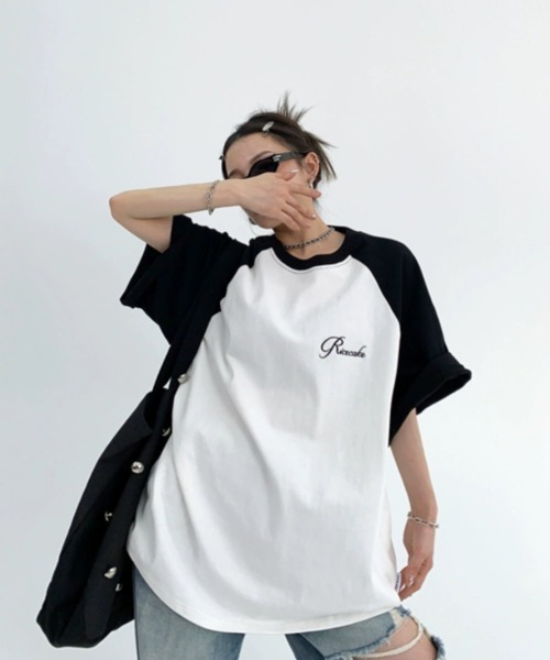 DIAVEL tシャツ ラグラン配色ビッグシルエットプリント半袖T