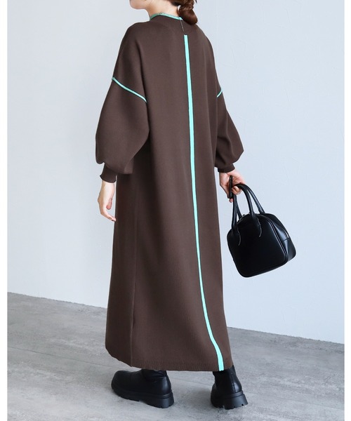 rika　Rワンピ ブラック×ブラウン reca（レカ） ワンピース ミラノリブ配色ニットロングワンピース