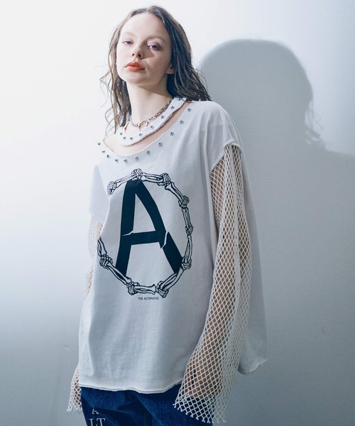 tシャツ M2401 メッシュスリーブスタッズロンＴ レディース