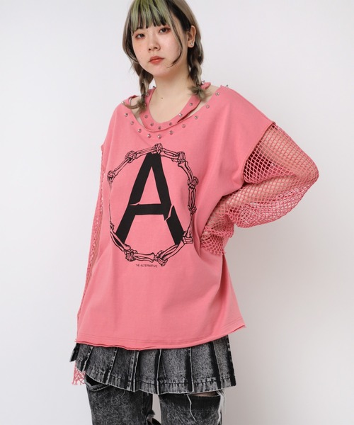 tシャツ M2401 メッシュスリーブスタッズロンＴ レディース M2401 メッシュスリーブスタッズロンT(M ホワイト): トップス