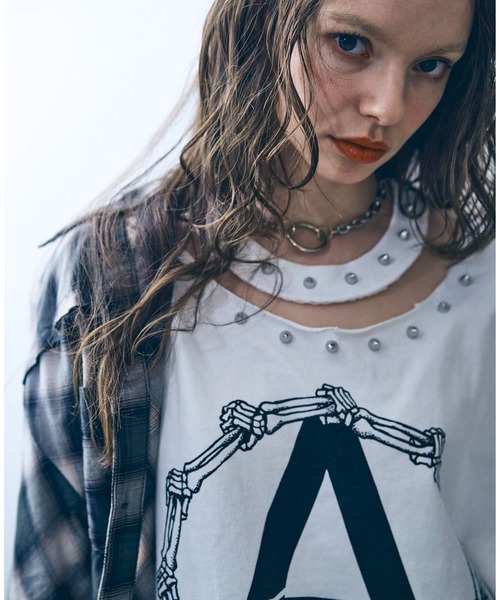 tシャツ M2401 メッシュスリーブスタッズロンＴ レディース M2401 メッシュスリーブスタッズロンT(M ホワイト): トップス