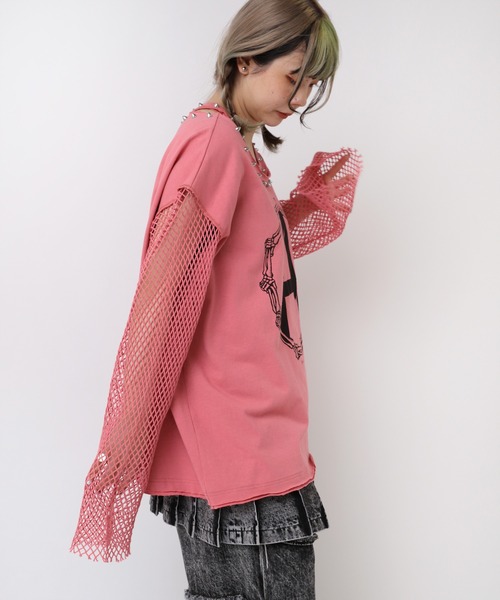 tシャツ M2401 メッシュスリーブスタッズロンＴ レディース M2401 メッシュスリーブスタッズロンT(M ホワイト): トップス