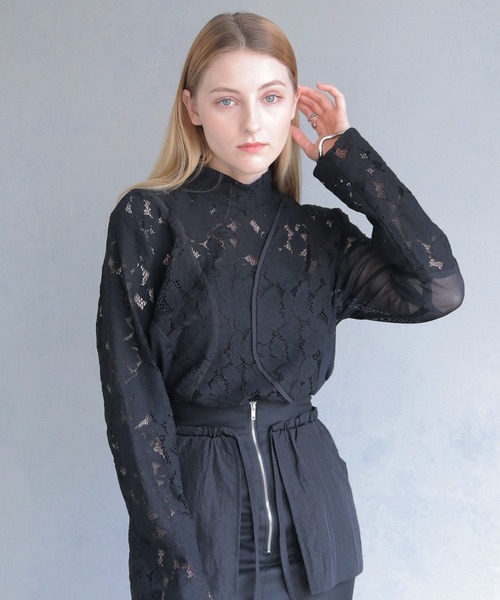 ブラウス シャツ 「＆g'aime」MIXレースカーブスイッチブラウス　MIX Lace Curved Switch Blouse レディース
