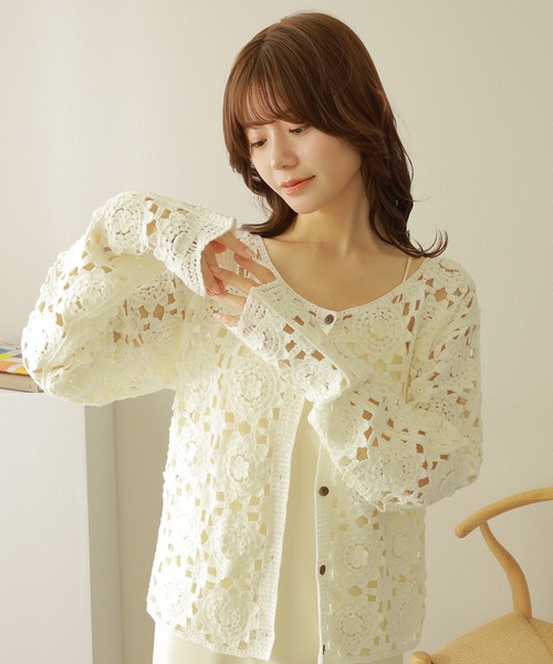 カーディガン crochet knit cardigan /クロシェ かぎ編み 長袖 ニット カーディガン レディース