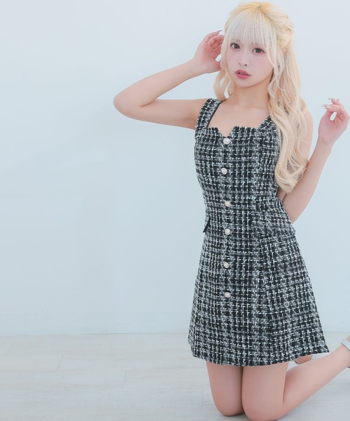 myMinette ワンピース キャバドレスツイード×パールボタン