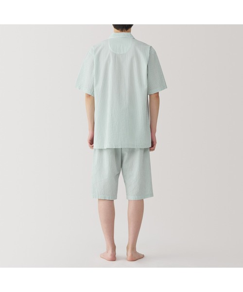 yunaoki　無印良品　サッカー織　半袖パジャマネイビーチェック柄　M 新作《無印良品》脇に縫い目のない サッカー織 半袖パジャマ