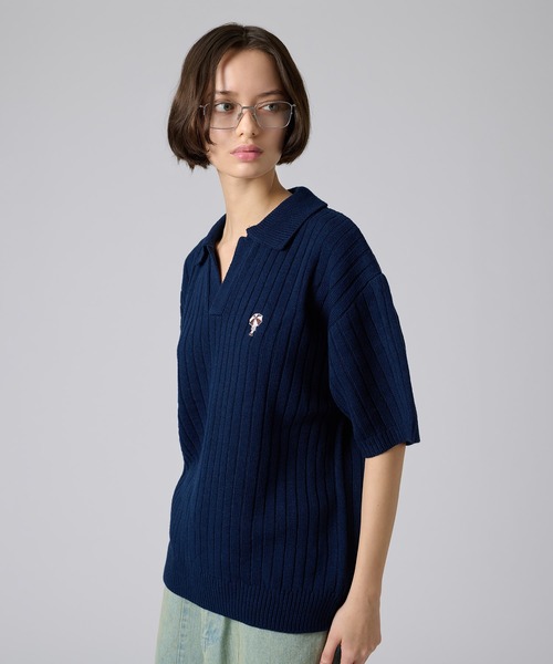 phlannel  スキッパー　ニット　ポロシャツ stanley blacker】スキッパーニットポロシャツ サックス