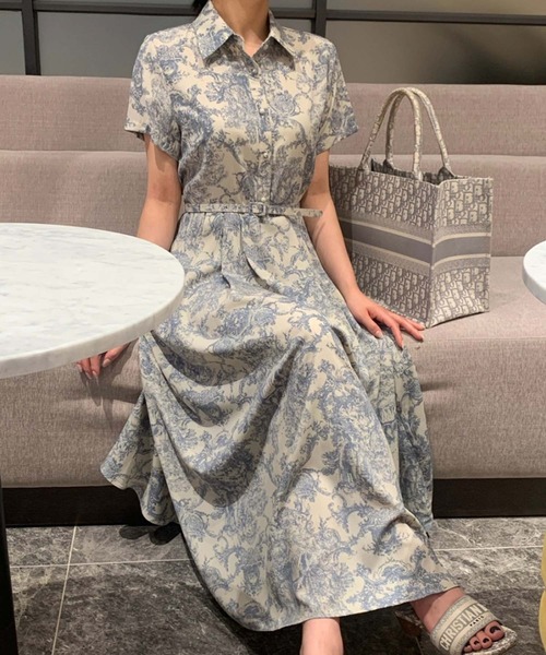 ワンピース トワルドジュイ風ベルト付きシャツワンピース