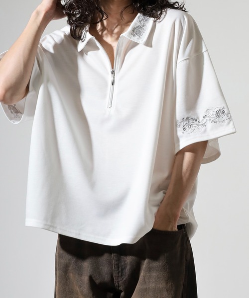 ラフシモンズ04AW/R刺繍ハーフジップジャージーカットソー希少サイズ50/伸縮 gram. tシャツ 刺繍デザインフレアスリーブハーフジップTシャツ メンズ
