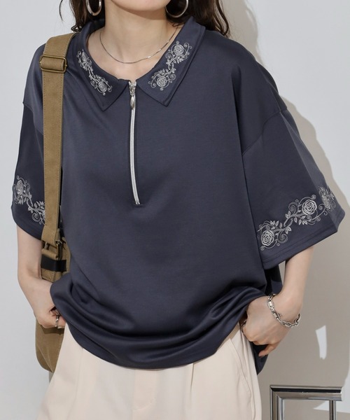 gram. tシャツ 刺繍デザインフレアスリーブハーフジップTシャツ