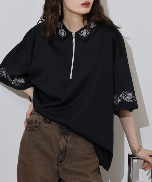 Lサイズ相当 D&G ハーフジップ 半袖 Tシャツ カットソー ロゴプレート tシャツ 梨地ハーフジップ半袖プルオーバー「ドローコード付き