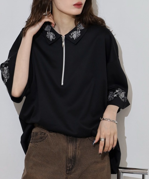 gram. tシャツ 刺繍デザインフレアスリーブハーフジップTシャツ