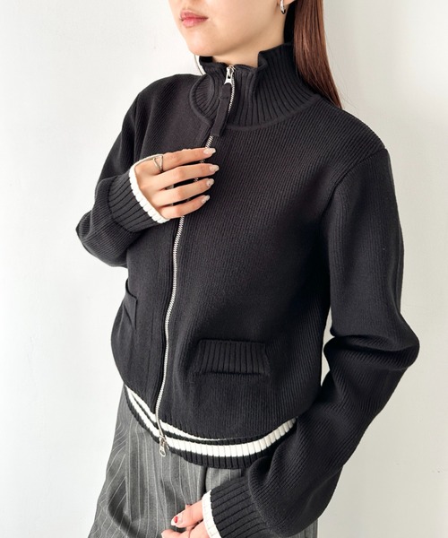 ニット セーター Matin Kim(マーティンキム)/バックロゴ ハイネック ダブルジップ ニット カーディガン ブルゾン/Knit Zip-up at12：03 ニット セーター Matin Kim(マーティンキム)/バック