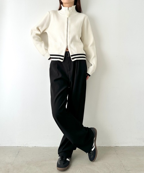 ニット セーター Matin Kim(マーティンキム)/バックロゴ ハイネック ダブルジップ ニット カーディガン ブルゾン/Knit Zip-up at12：03 ニット セーター Matin Kim(マーティンキム)/バック