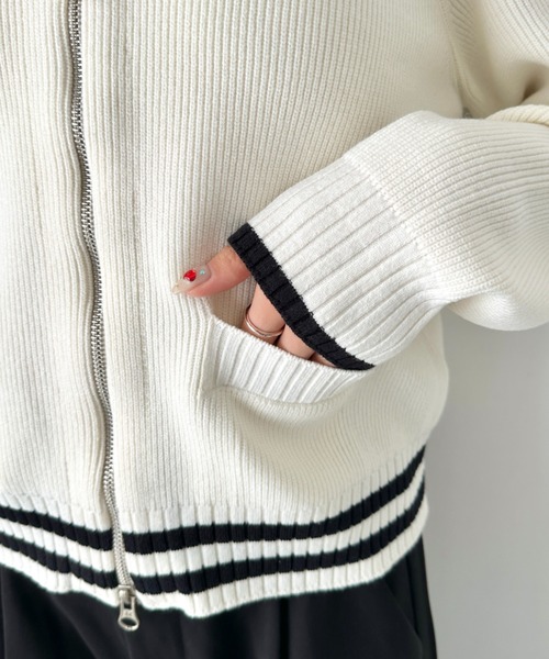 ニット セーター Matin Kim(マーティンキム)/バックロゴ ハイネック ダブルジップ ニット カーディガン ブルゾン/Knit Zip-up at12：03 ニット セーター Matin Kim(マーティンキム)/バック