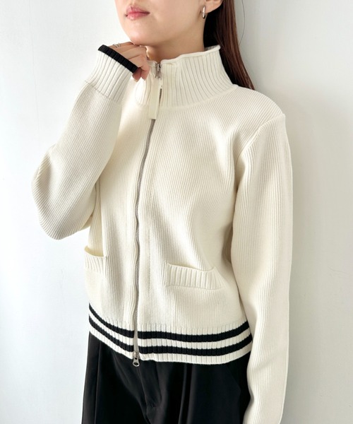 ニット セーター Matin Kim(マーティンキム)/バックロゴ ハイネック ダブルジップ ニット カーディガン ブルゾン/Knit Zip-up at12：03 ニット セーター Matin Kim(マーティンキム)/バック